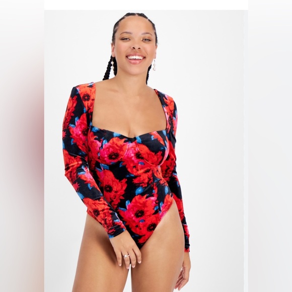 Bar III Tops - Bar III Women’s Floral-Print Square-Neck Velvet Bodysuit